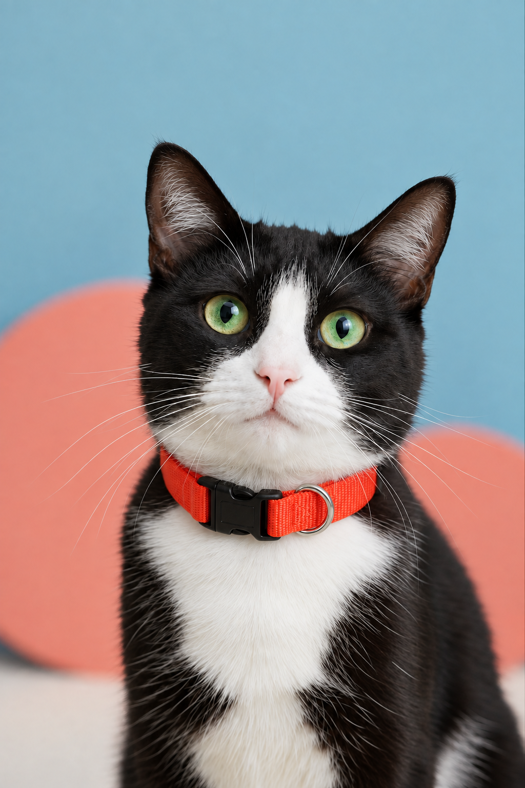 Collier orange avec anneau sur chat noir et blanc